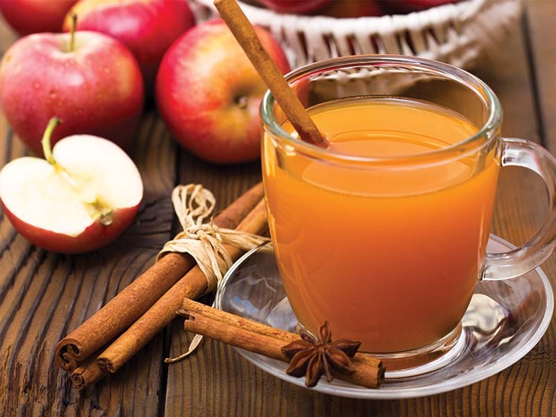 image of a glass mug filled with apple cider along with a cinnamon stick for stirring. The mug sits on a glasssaucer with more cinnamon sticks. There are red apples in the background